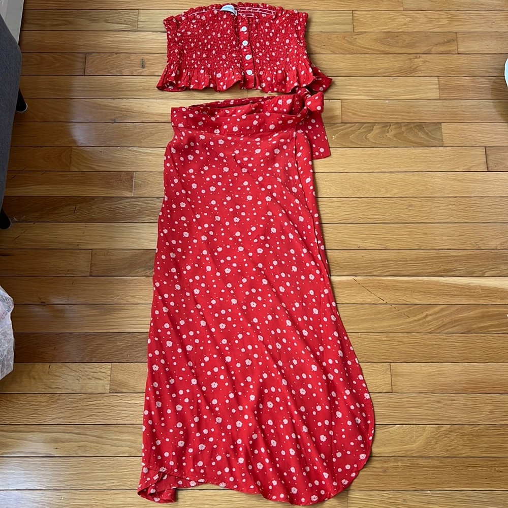 Faithfull the brand midi skirt and smocked top set, size S / US 4